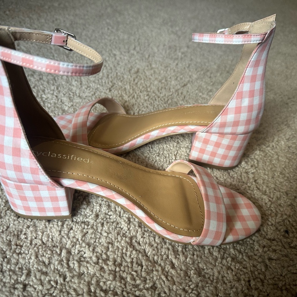 Pink Gingham Plaid Block Heel Sandals - City Classified